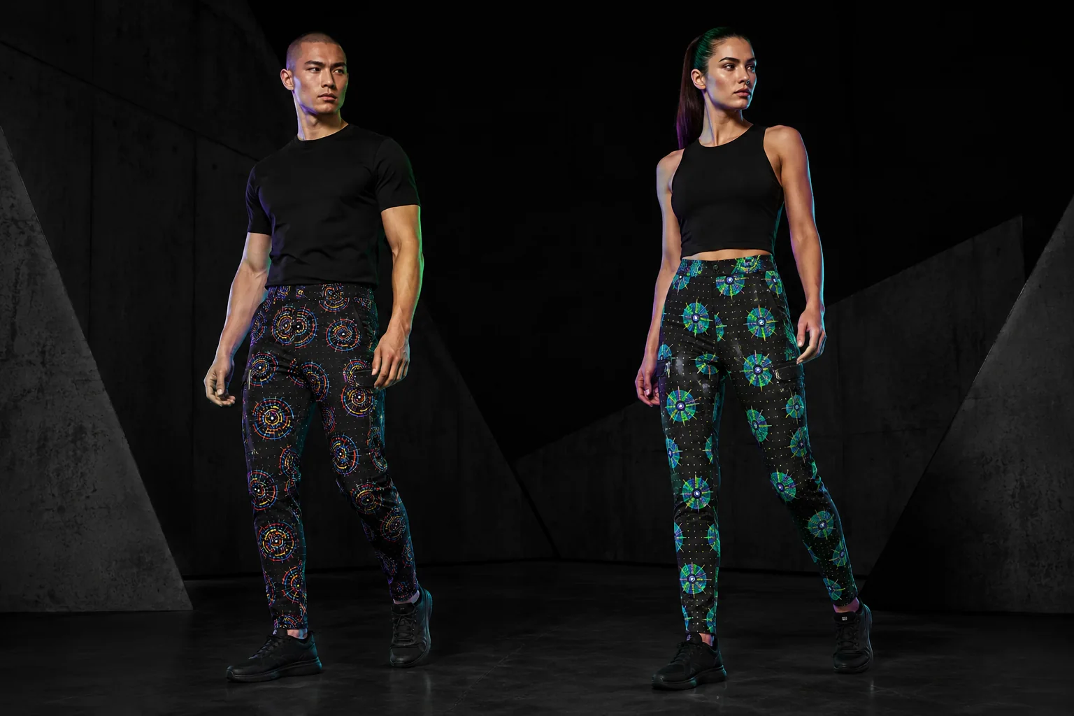 Men’s and women’s NULLRADIAL field pants in a black architectural studio